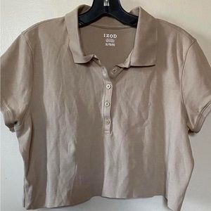 khaki cropped button up polo top